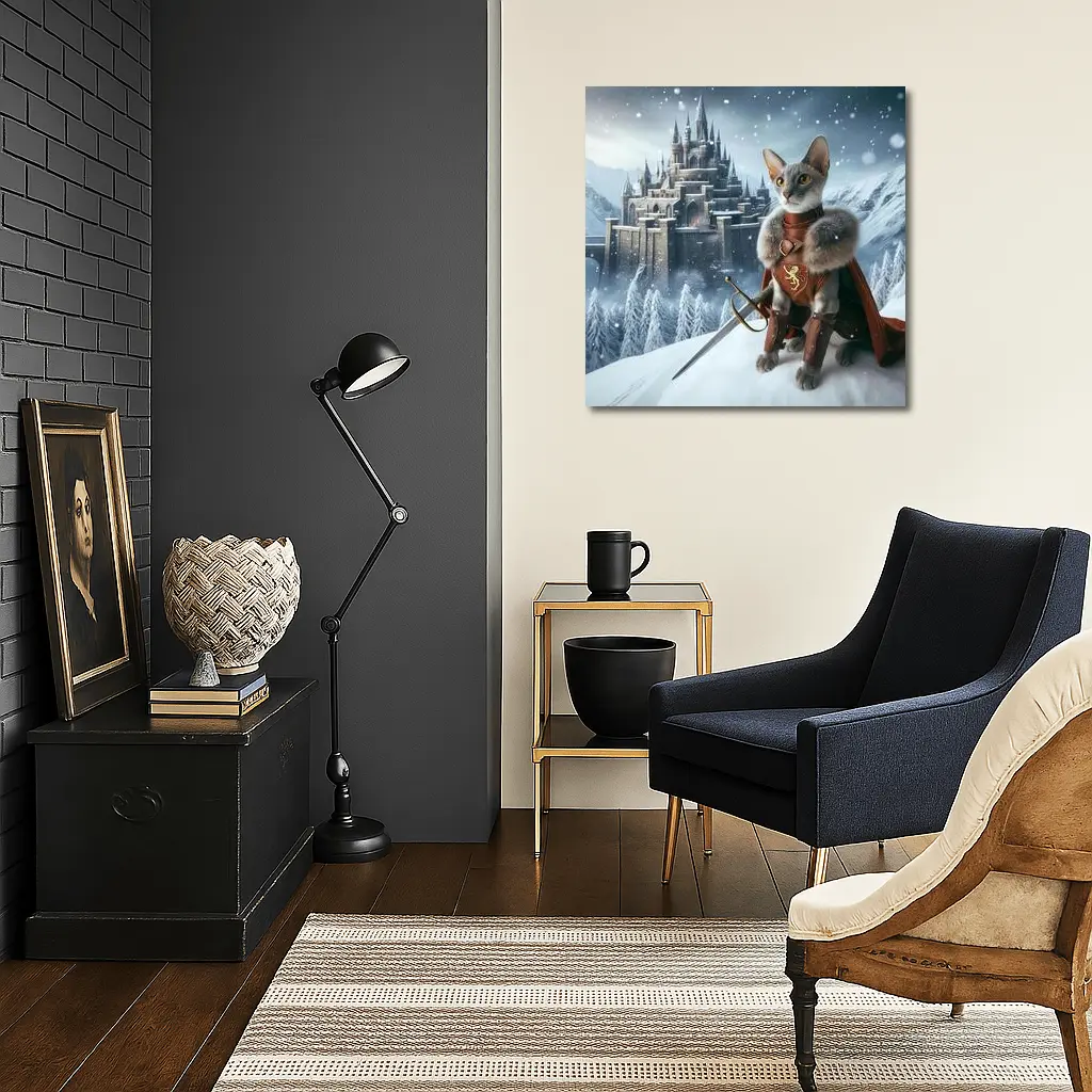 Gray Cat Knight Snow Castle Fantasy – Wall Art