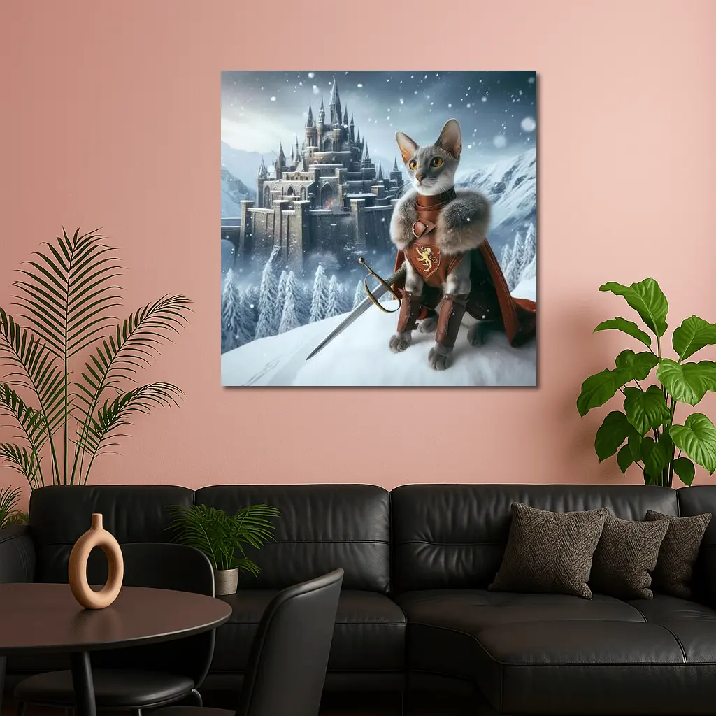 Gray Cat Knight Snow Castle Fantasy – Wall Art