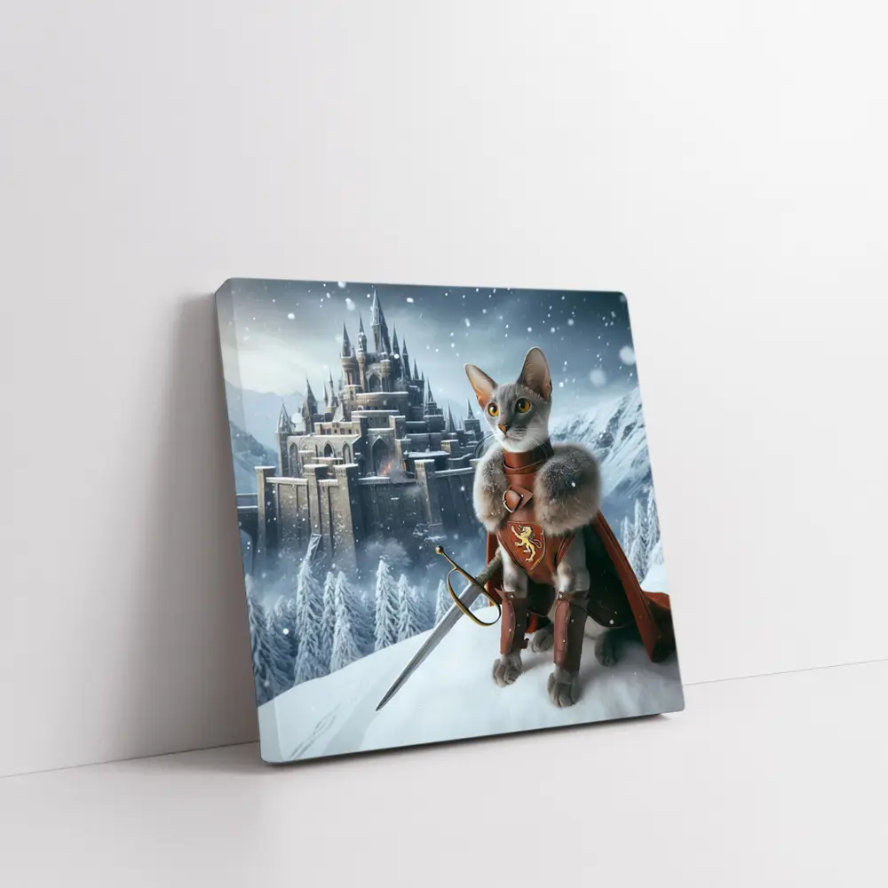 Gray Cat Knight Snow Castle Fantasy – Wall Art