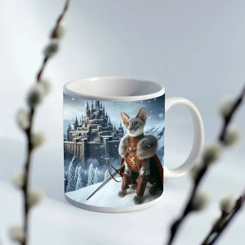 Gray Cat Knight Snow Castle Fantasy – Mugs