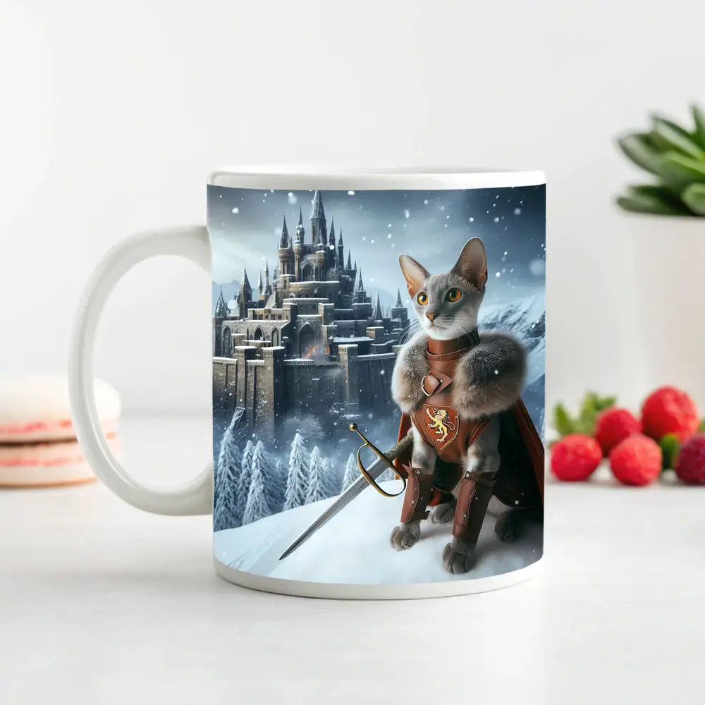 Gray Cat Knight Snow Castle Fantasy – Mugs