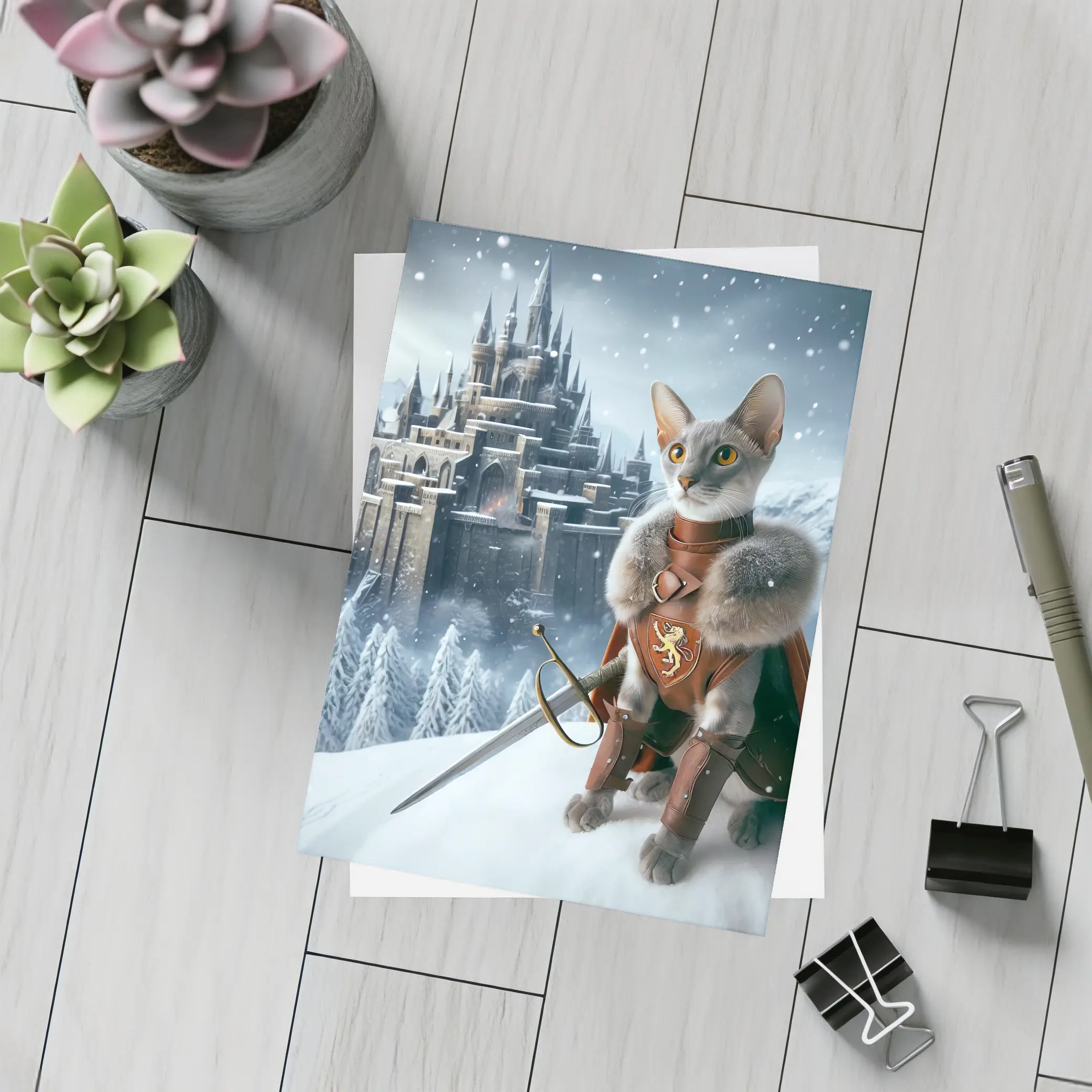 Gray Cat Knight Snow Castle Fantasy – Postcards