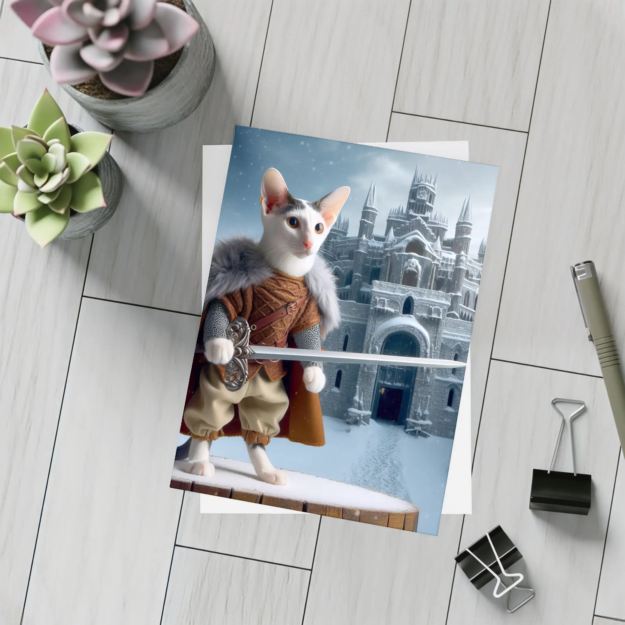 Medieval Warrior Cat Snowy Castle Fantasy – Postcards