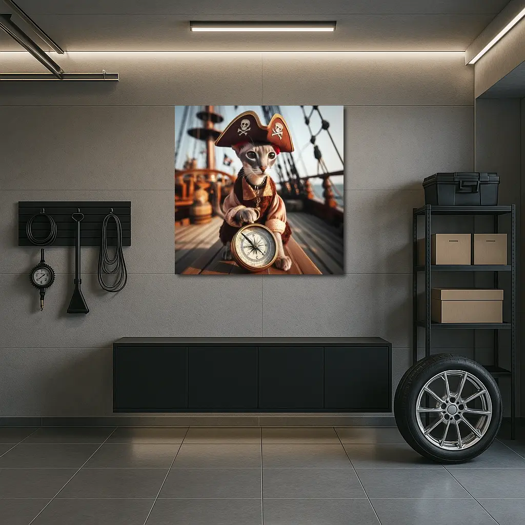 Pirate Cat With Compass On Ship – Wall Art