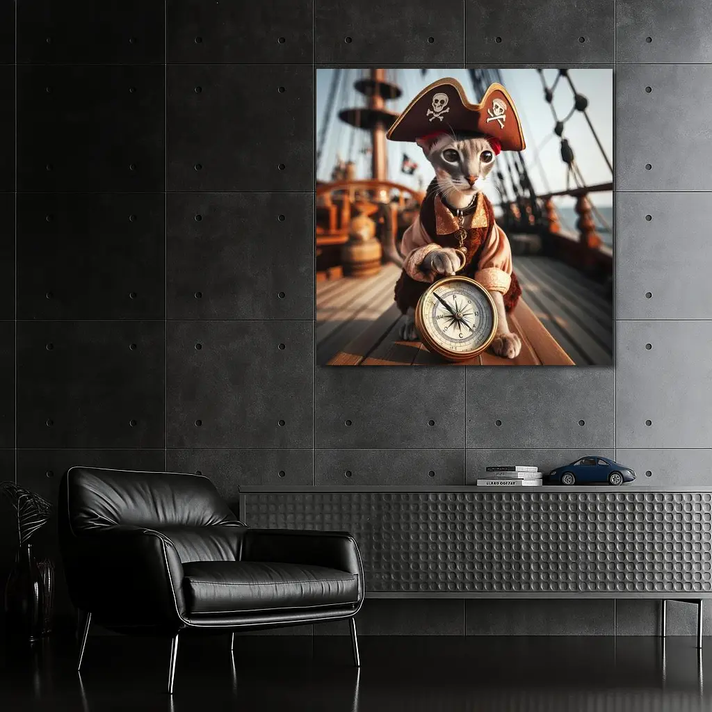 Pirate Cat With Compass On Ship – Wall Art