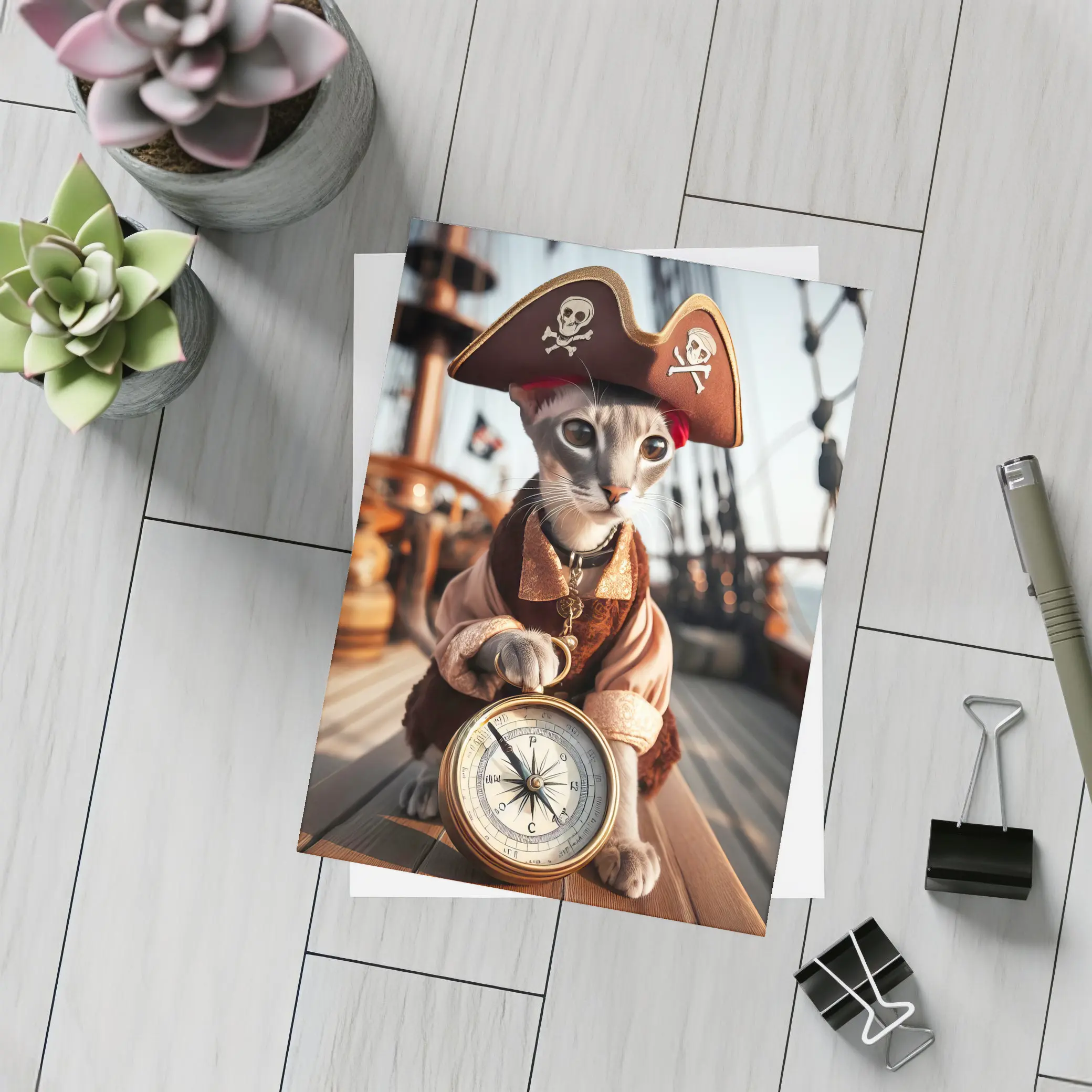Pirate Cat With Compass On Ship – Postcards