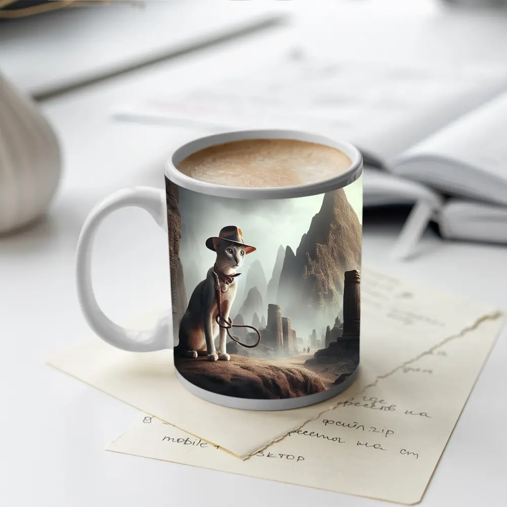 Adventure Cat Ancient Ruins Misty Landscape – Mugs