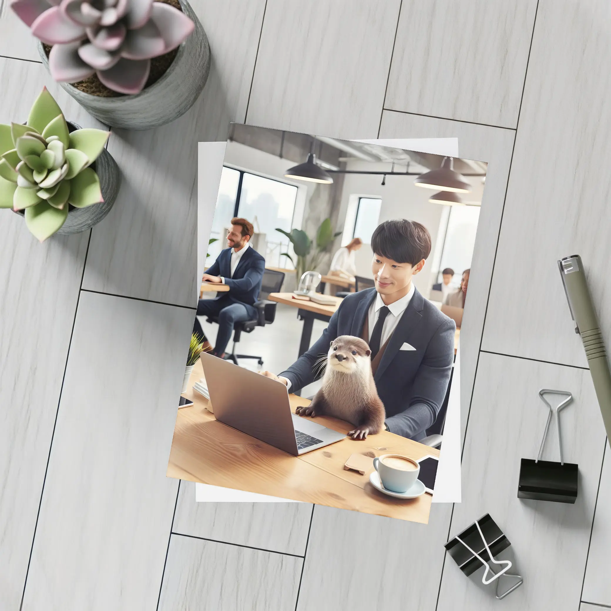 Otter Working With Man In Office – Postcards
