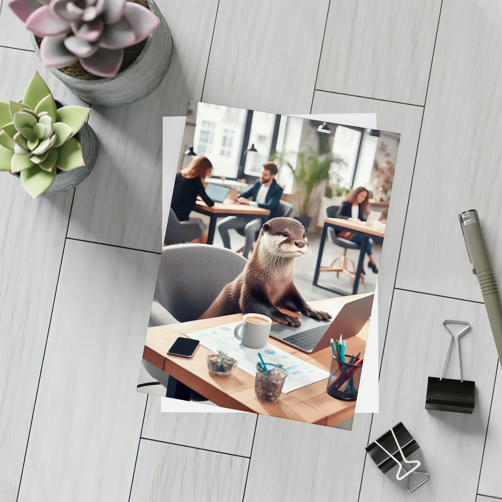 Otter Working at Office Desk Laptop – Postcards