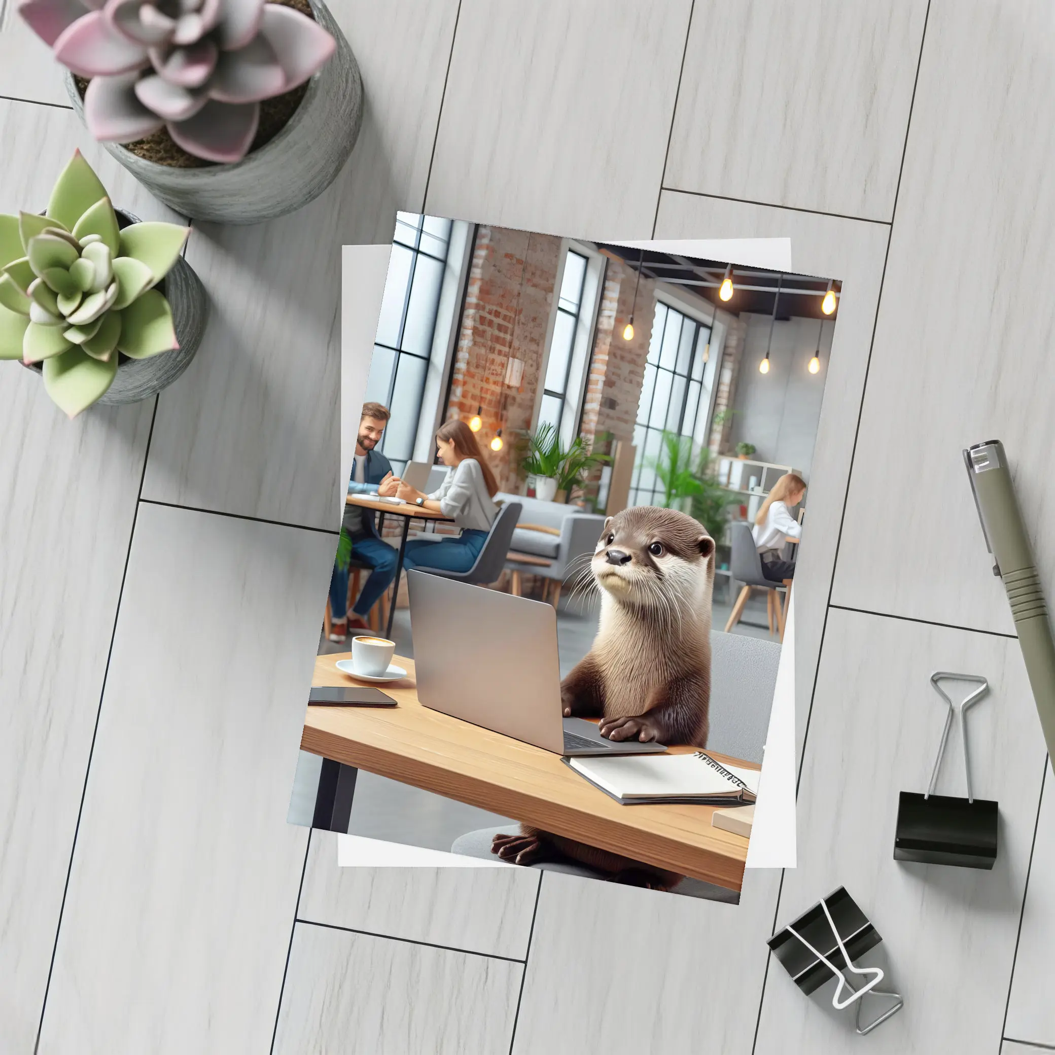 Otter Working on Laptop in Office – Postcards