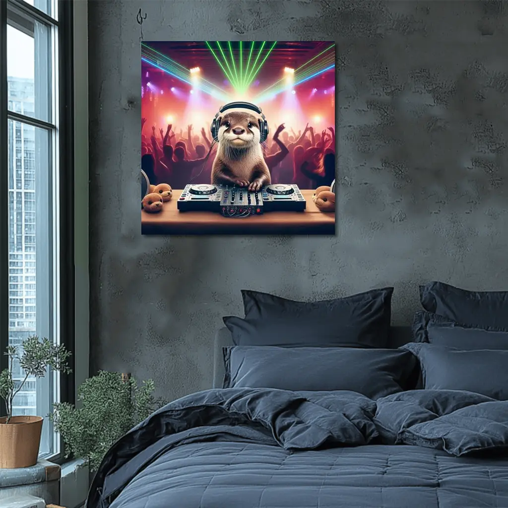 Otter DJ Spinning at Neon Club Party – Wall Art