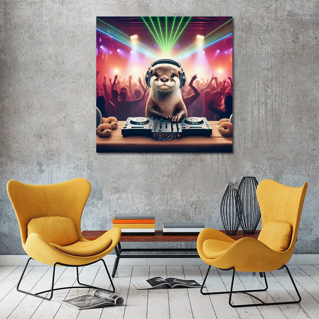 Otter DJ Spinning at Neon Club Party – Wall Art