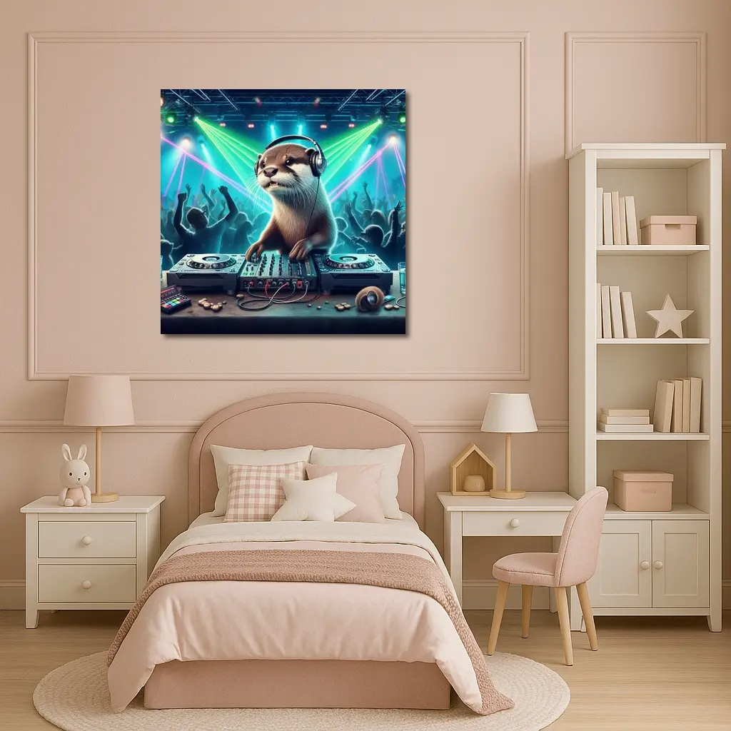 Otter DJ Spinning at Neon Club Party – Wall Art
