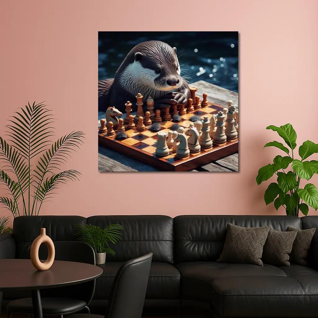 Otter Playing Chess By The Water – Wall Art