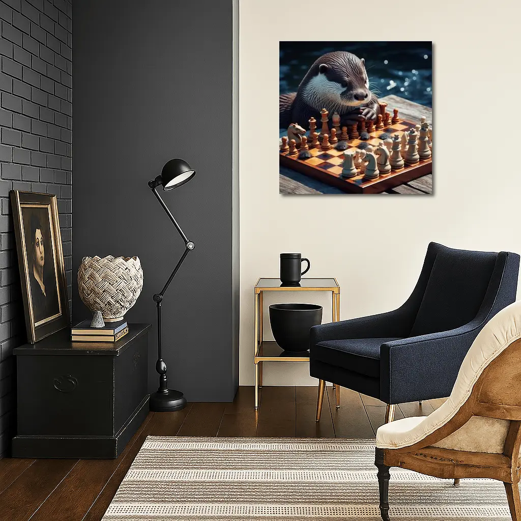 Otter Playing Chess By The Water – Wall Art