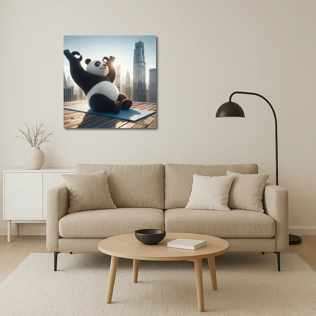 Panda Doing Yoga City Skyline Background – Wall Art