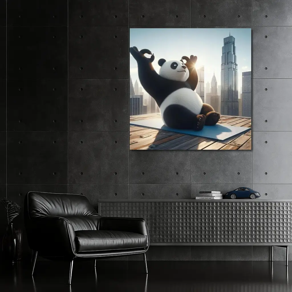 Panda Doing Yoga City Skyline Background – Wall Art