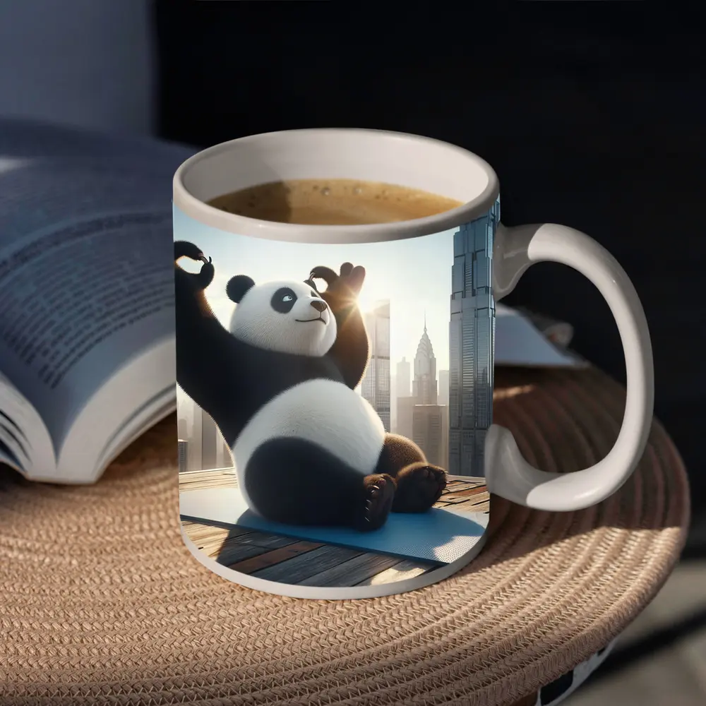 Panda Doing Yoga City Skyline Background – Mugs