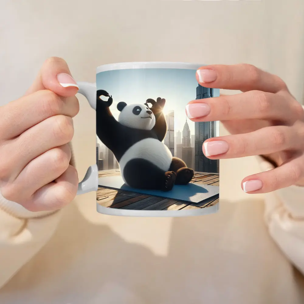 Panda Doing Yoga City Skyline Background – Mugs