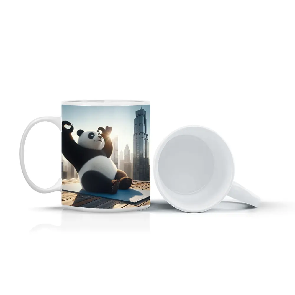 Panda Doing Yoga City Skyline Background – Mugs