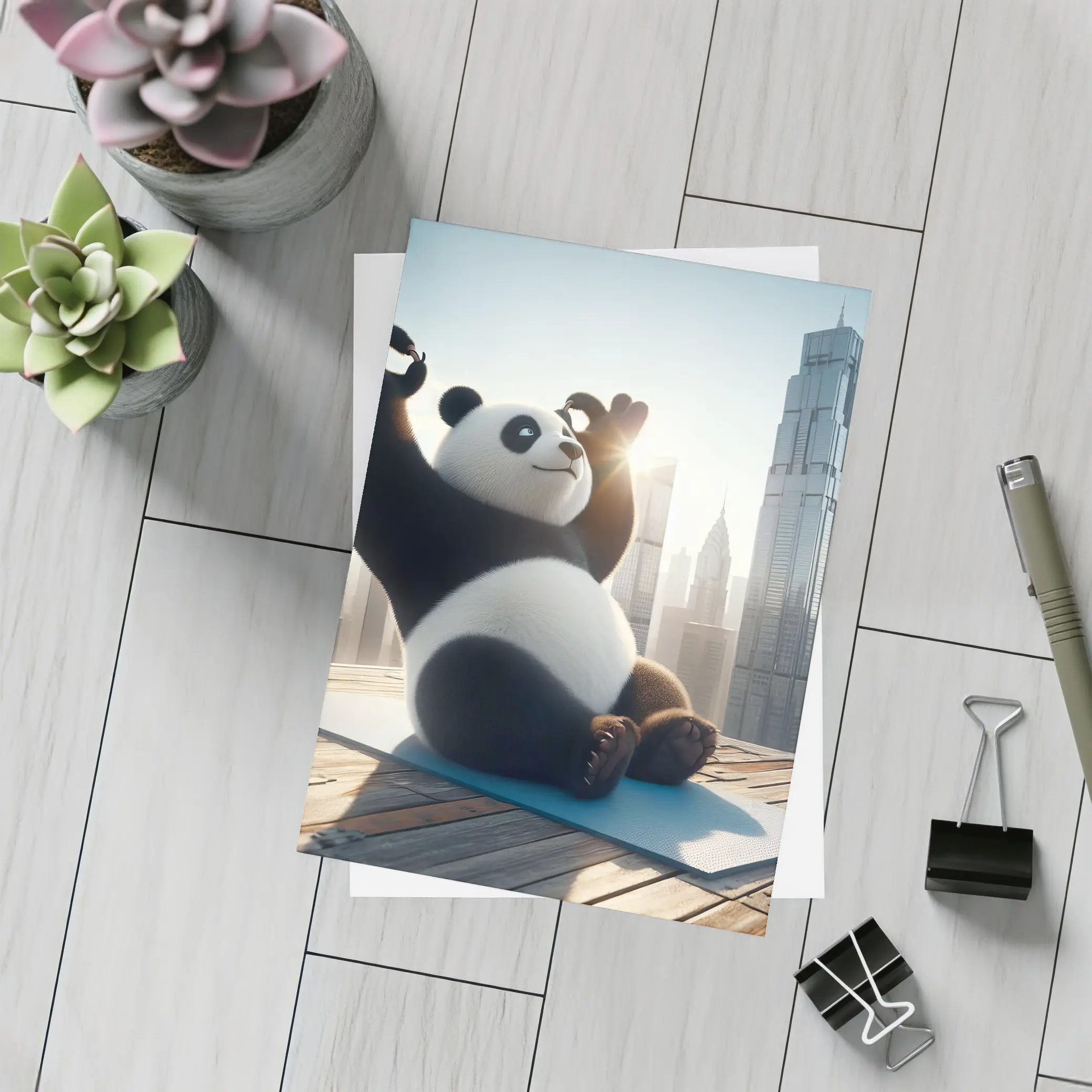 Panda Doing Yoga City Skyline Background – Postcards