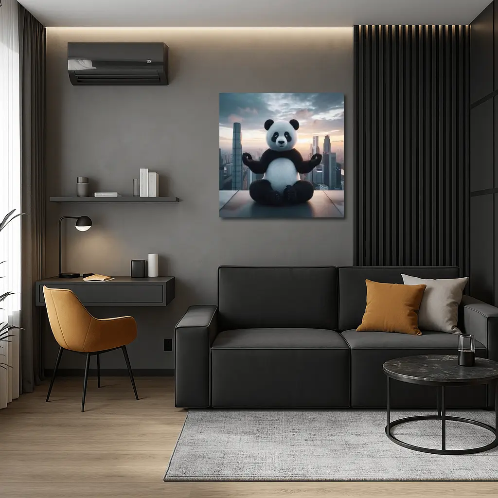 Panda Meditating Above City Skyline Sunset – Wall Art