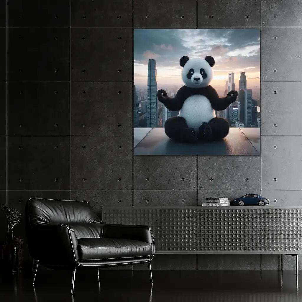 Panda Meditating Above City Skyline Sunset – Wall Art