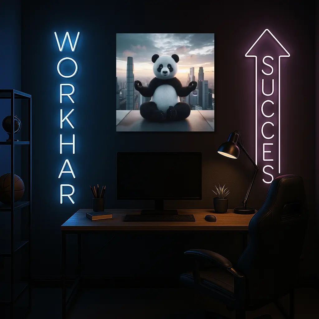Panda Meditating Above City Skyline Sunset – Wall Art