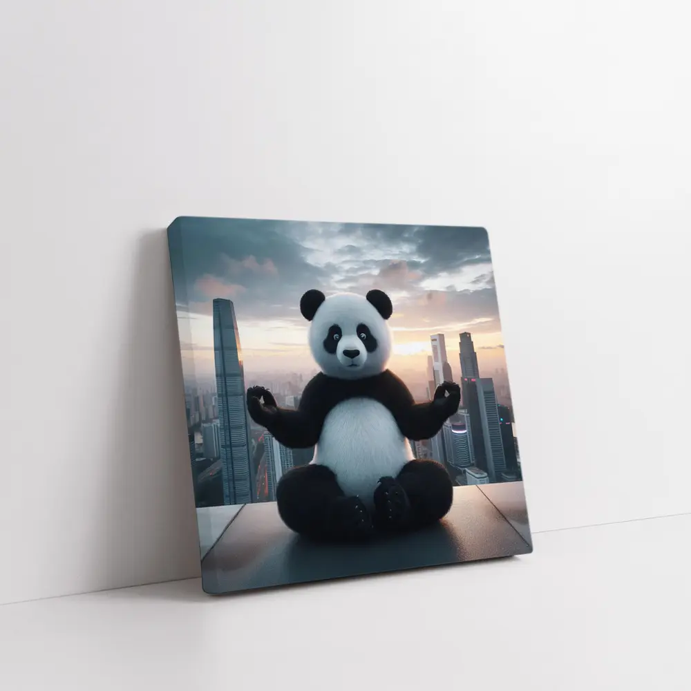 Panda Meditating Above City Skyline Sunset – Wall Art