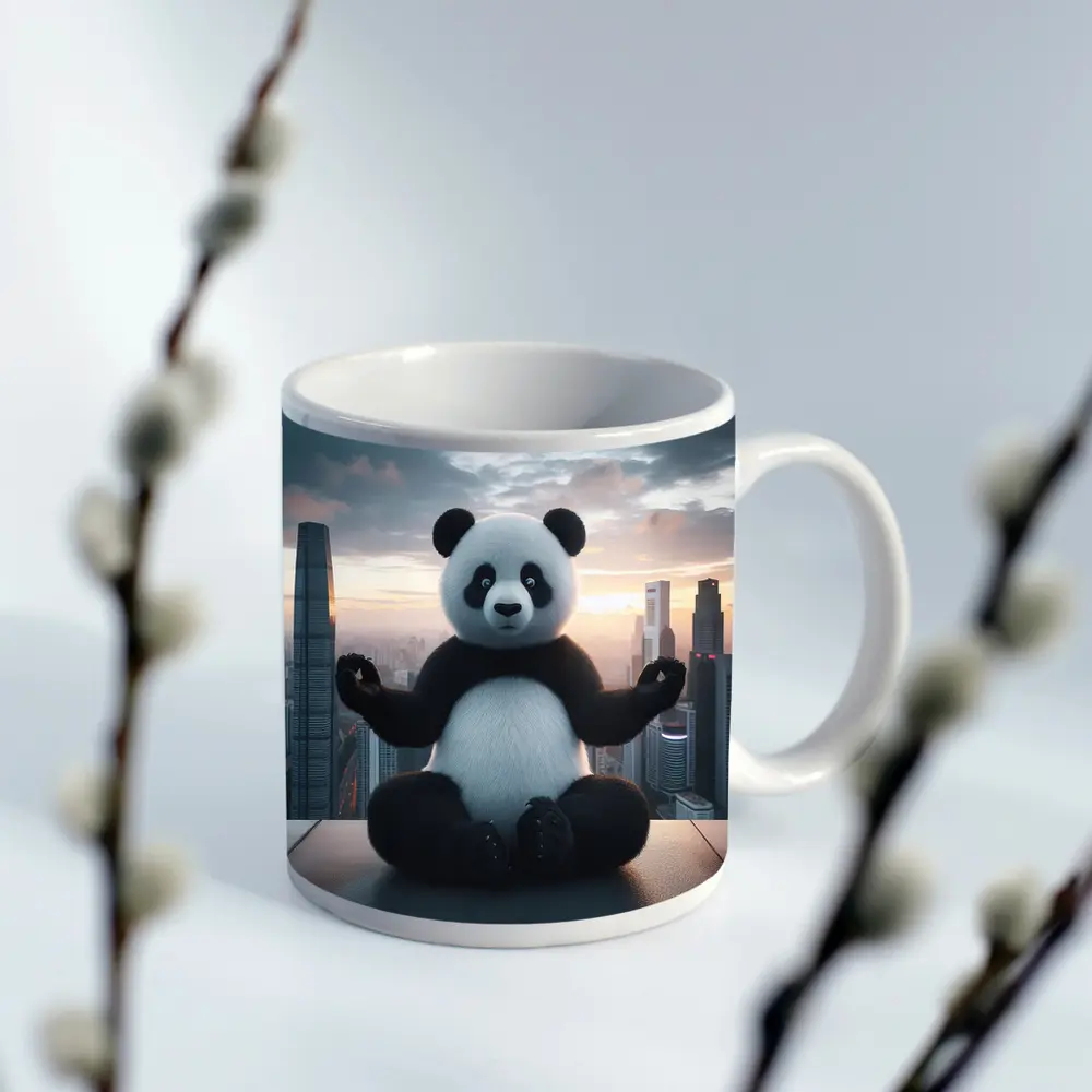 Panda Meditating Above City Skyline Sunset – Mugs