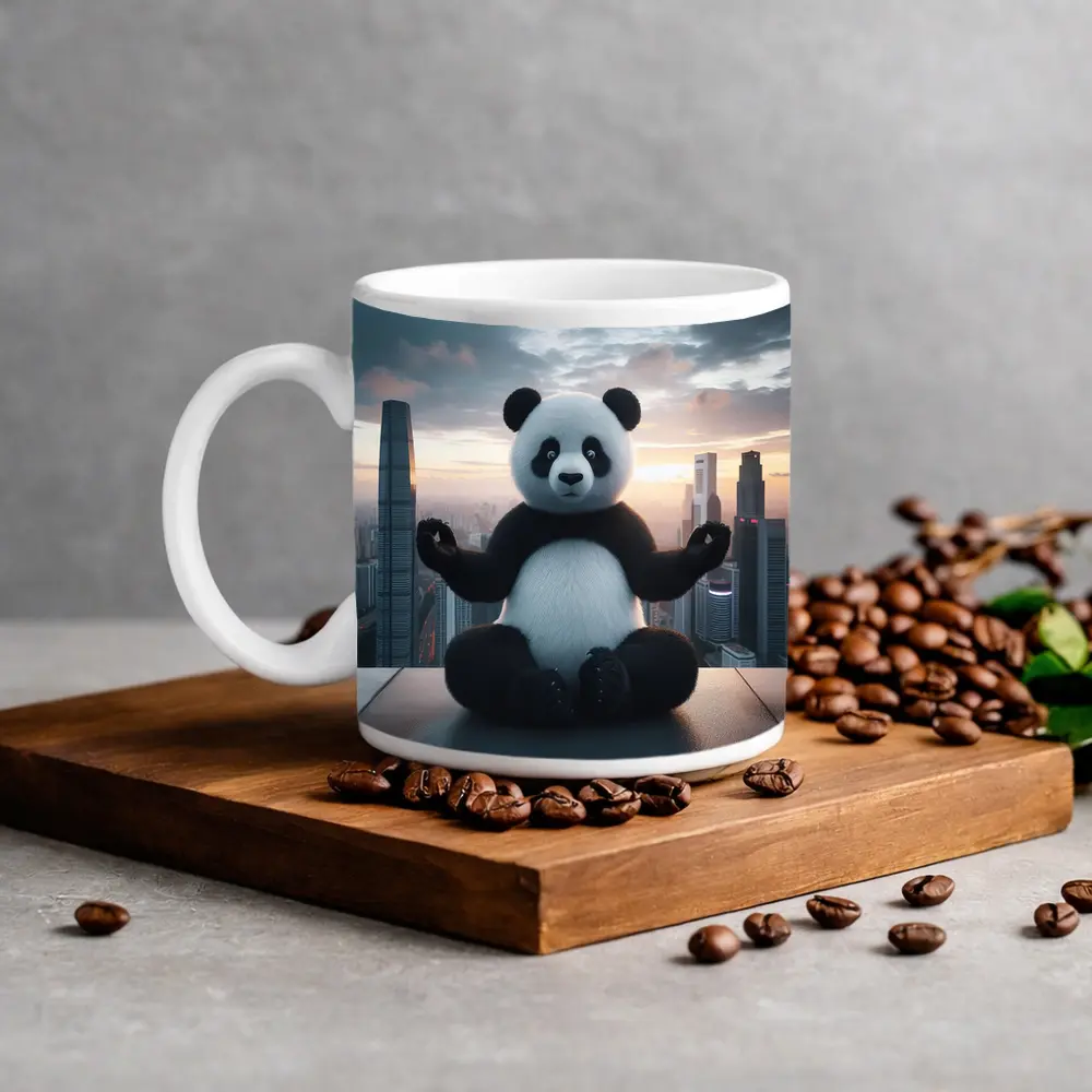 Panda Meditating Above City Skyline Sunset – Mugs