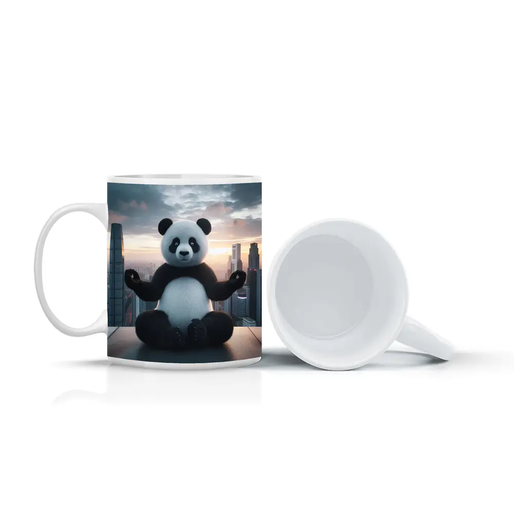 Panda Meditating Above City Skyline Sunset – Mugs