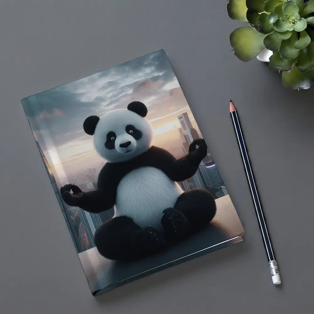 Panda Meditating Above City Skyline Sunset – Notebooks