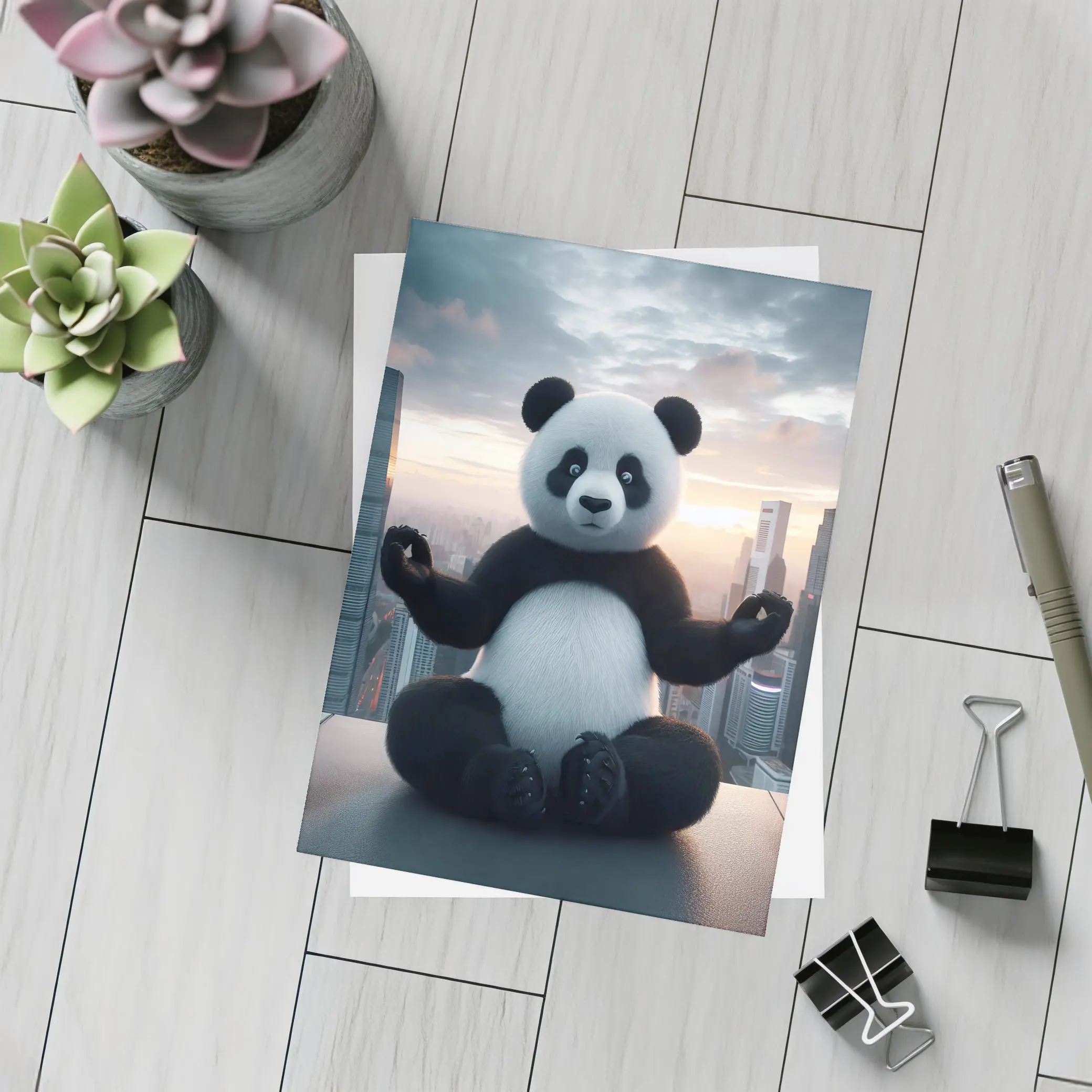 Panda Meditating Above City Skyline Sunset – Postcards