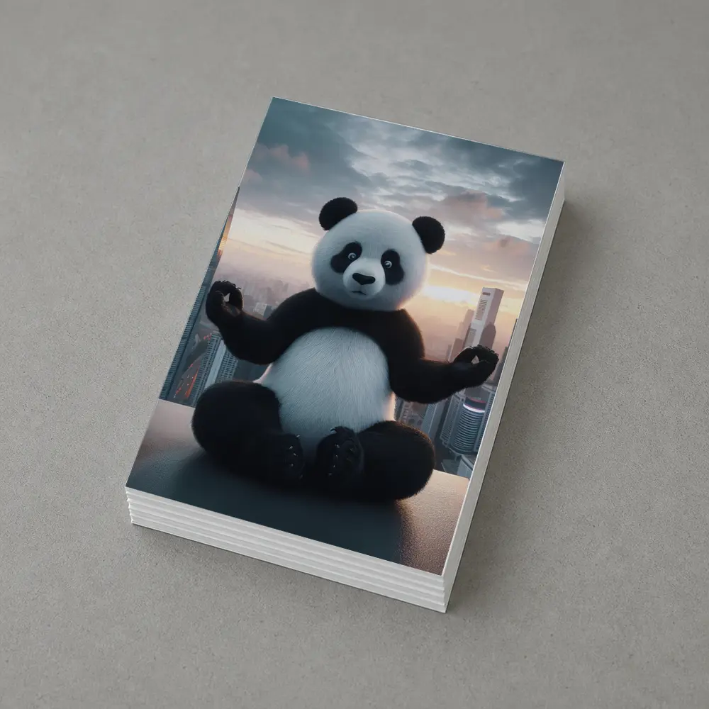 Panda Meditating Above City Skyline Sunset – Postcards
