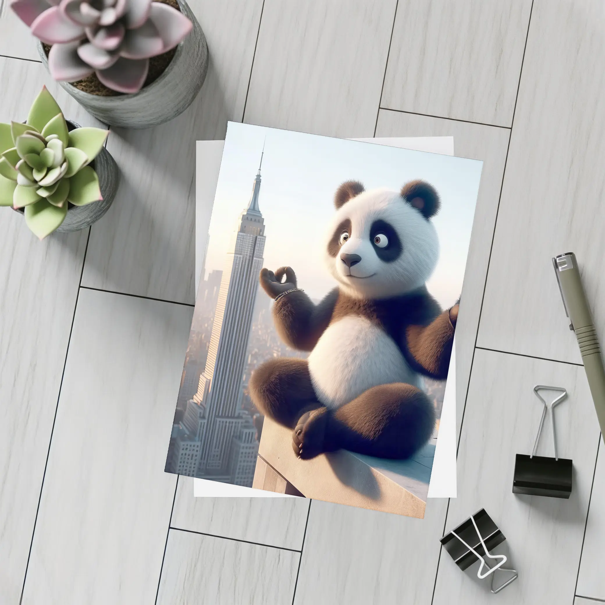 Meditating Panda Above New York City Skyline – Postcards