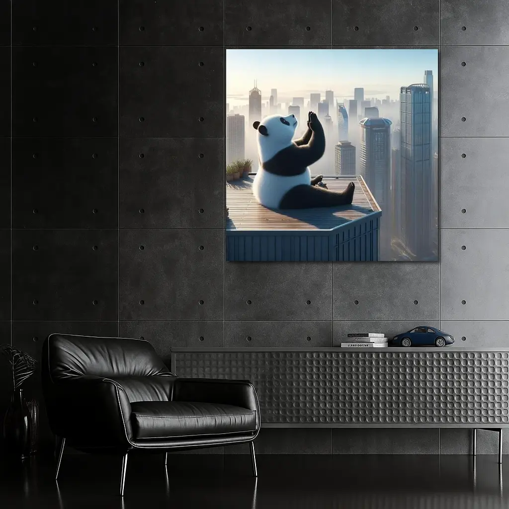 Panda Meditating on Rooftop City Skyline – Wall Art
