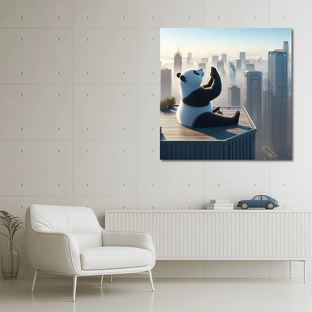 Panda Meditating on Rooftop City Skyline – Wall Art