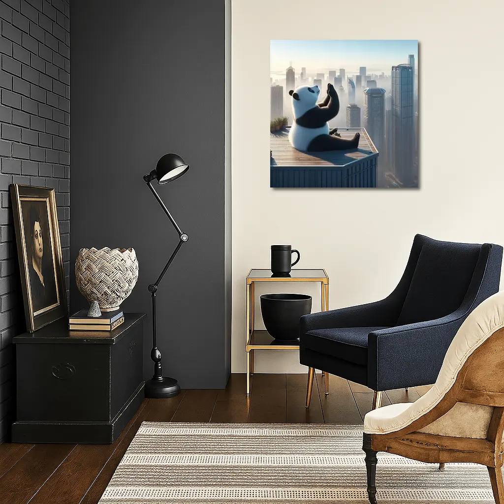 Panda Meditating on Rooftop City Skyline – Wall Art