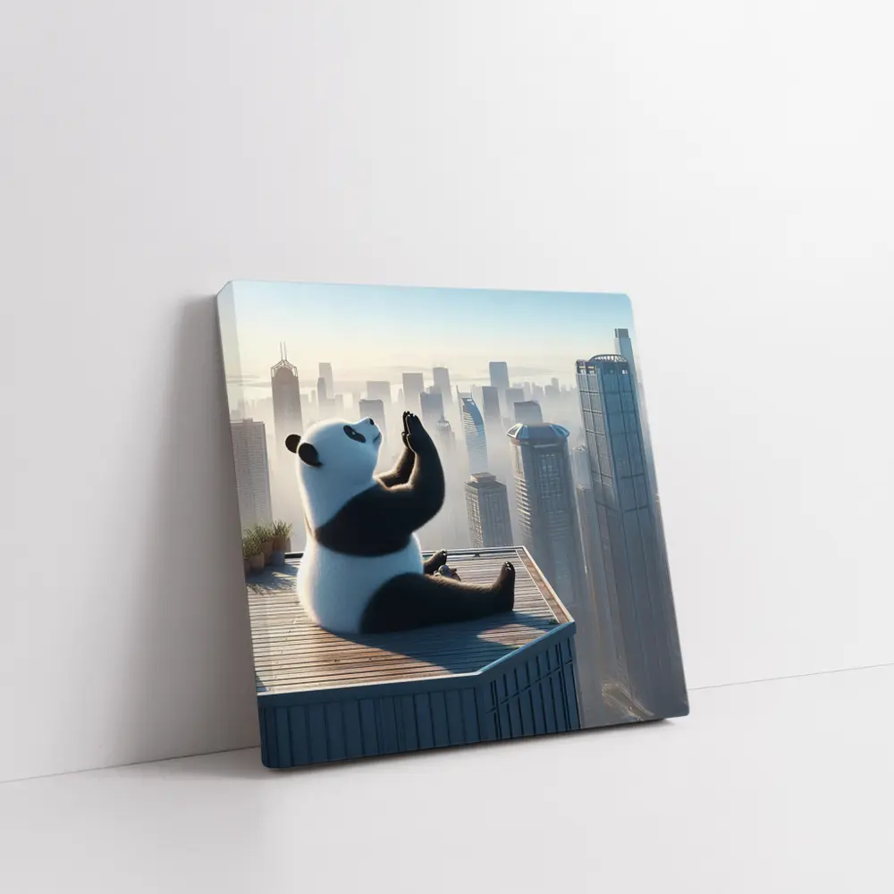 Panda Meditating on Rooftop City Skyline – Wall Art