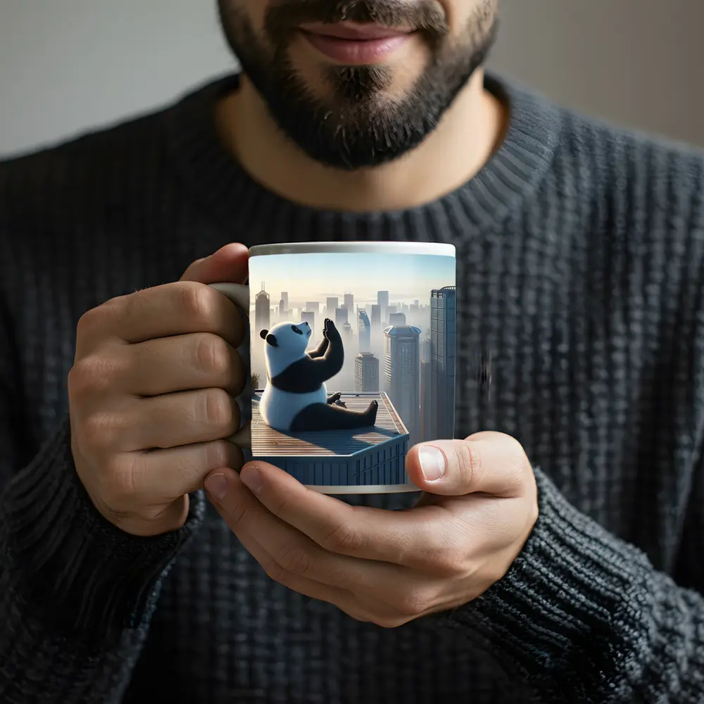 Panda Meditating on Rooftop City Skyline – Mugs