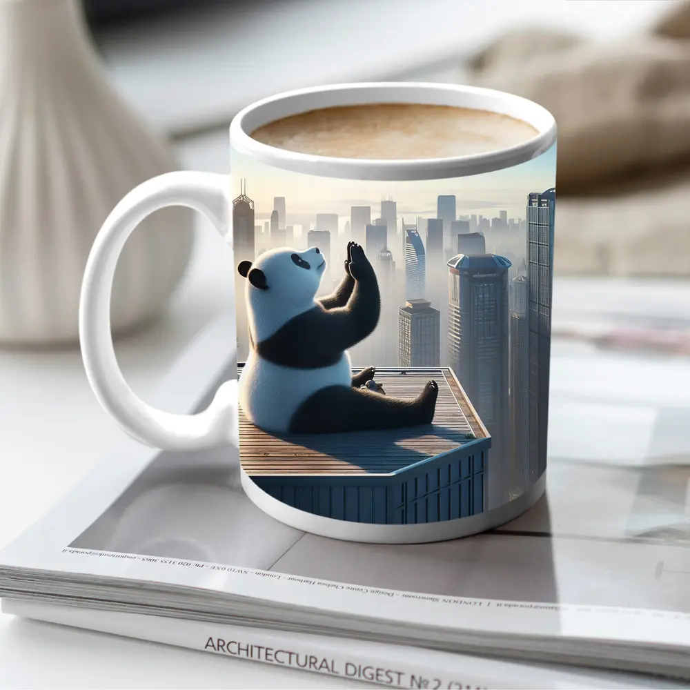 Panda Meditating on Rooftop City Skyline – Mugs