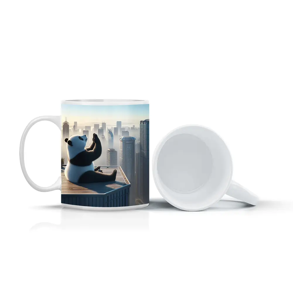 Panda Meditating on Rooftop City Skyline – Mugs