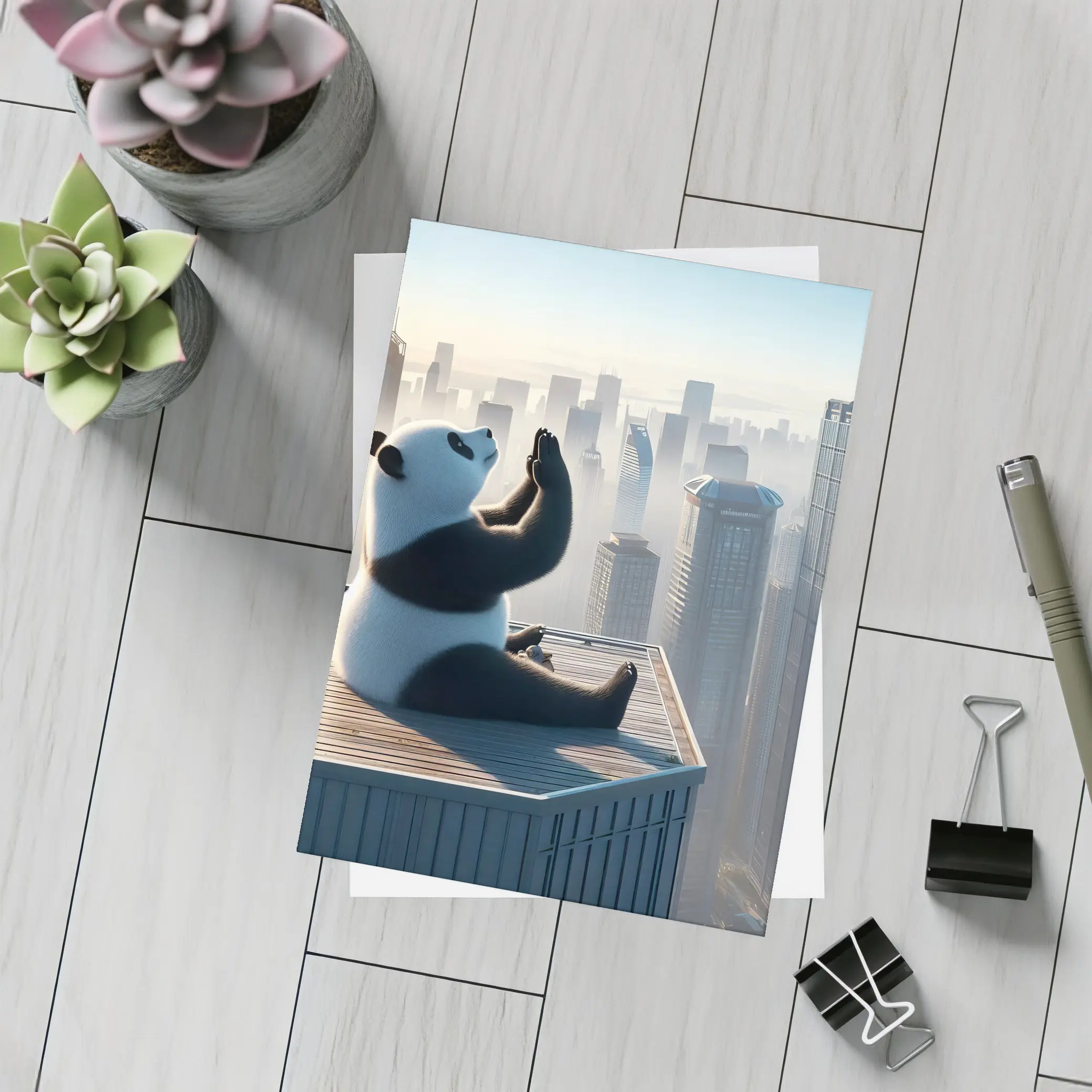 Panda Meditating on Rooftop City Skyline – Postcards