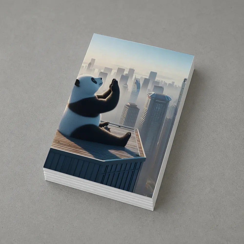 Panda Meditating on Rooftop City Skyline – Postcards