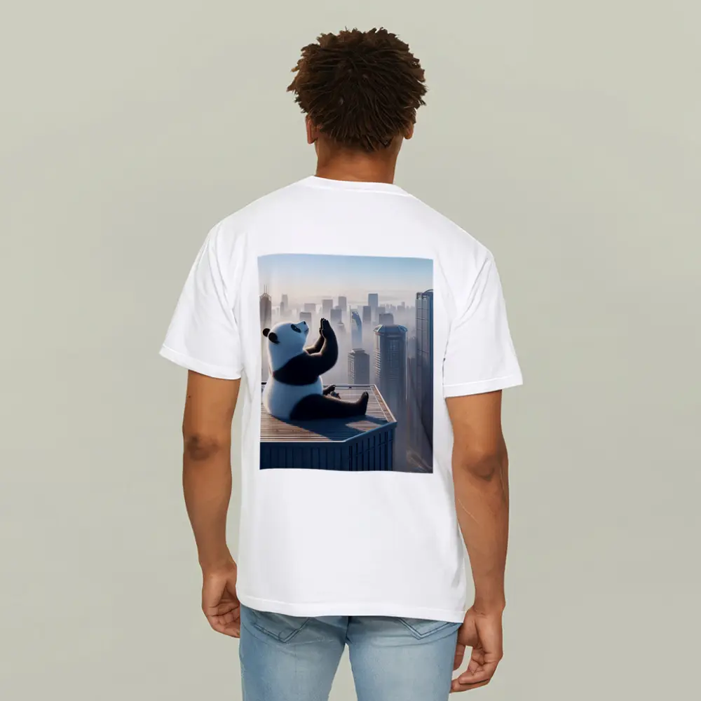 Panda Meditating on Rooftop City Skyline – T-Shirts