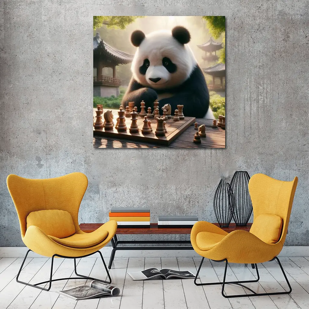 Panda Playing Chess in Chinese Garden – Wall Art