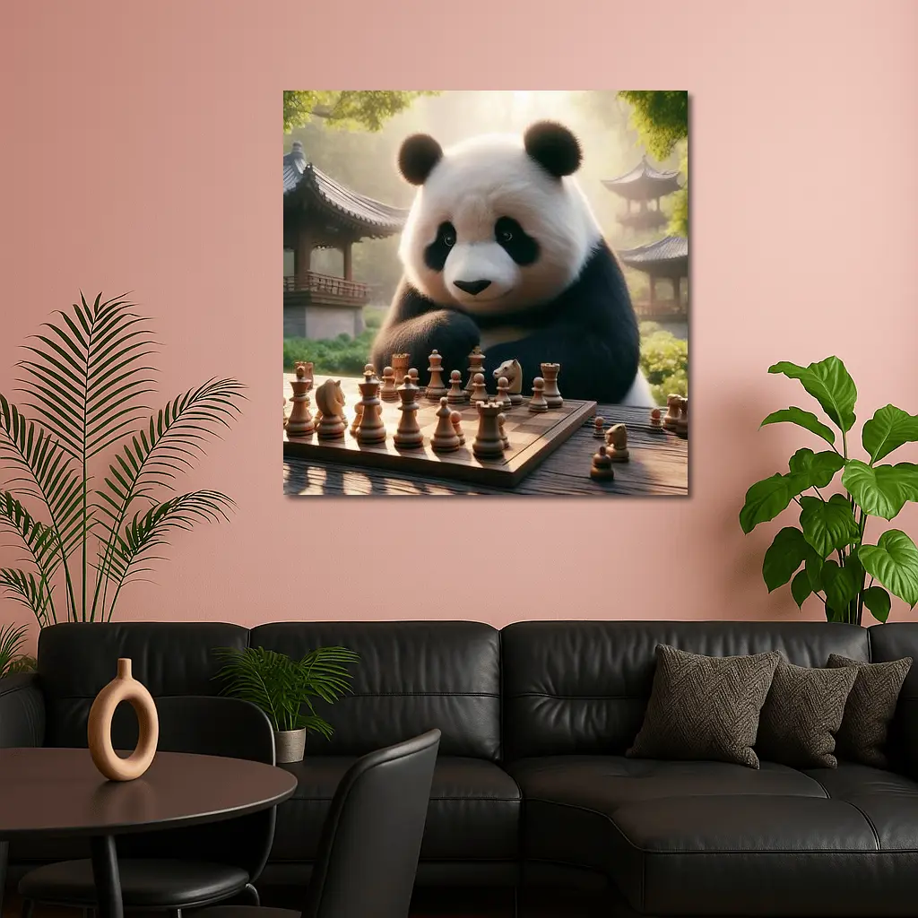 Panda Playing Chess in Chinese Garden – Wall Art