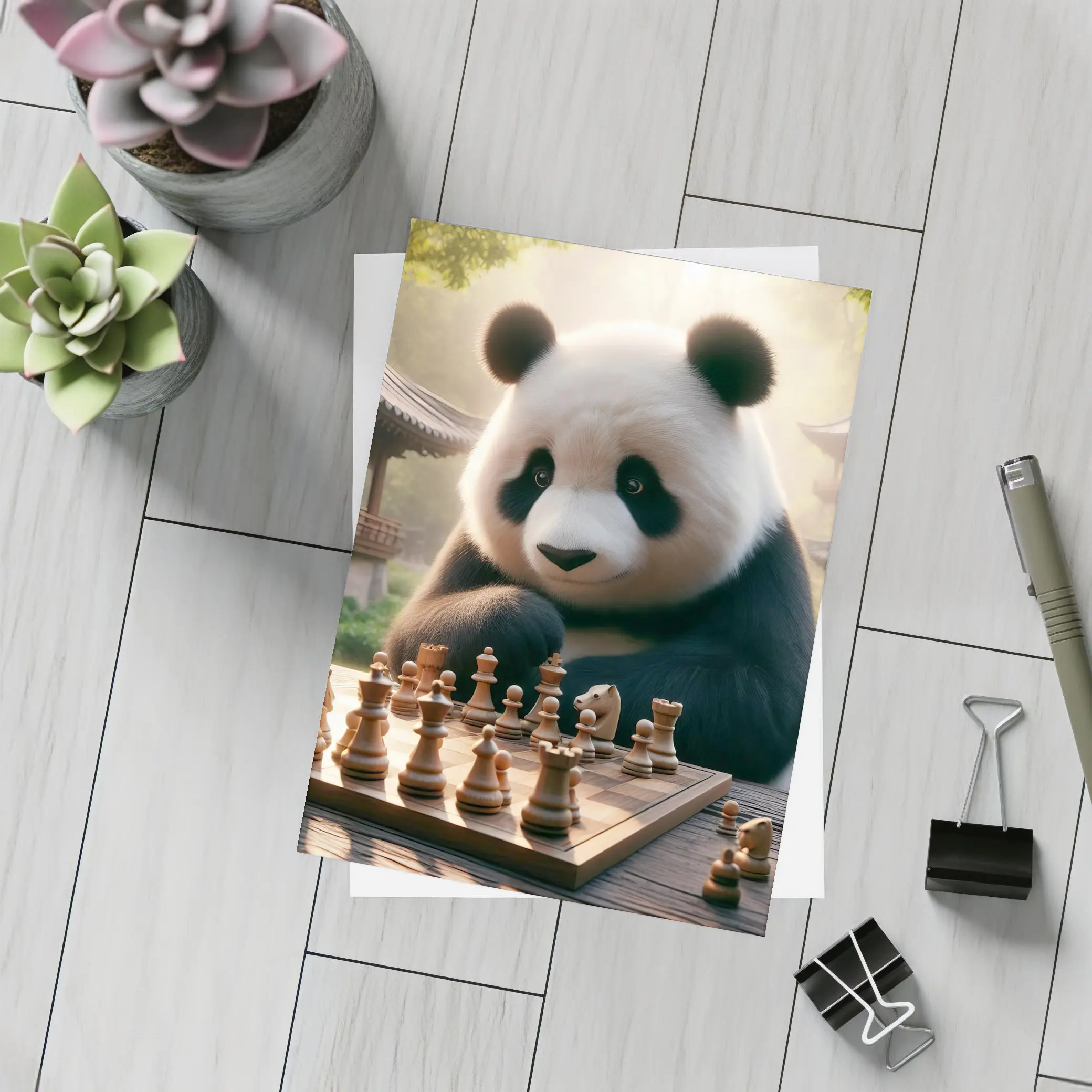 Panda Playing Chess in Chinese Garden – Postcards