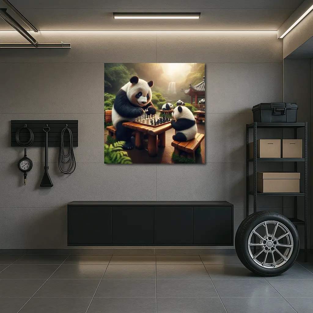Pandas Playing Chess in Forest Garden – Wall Art